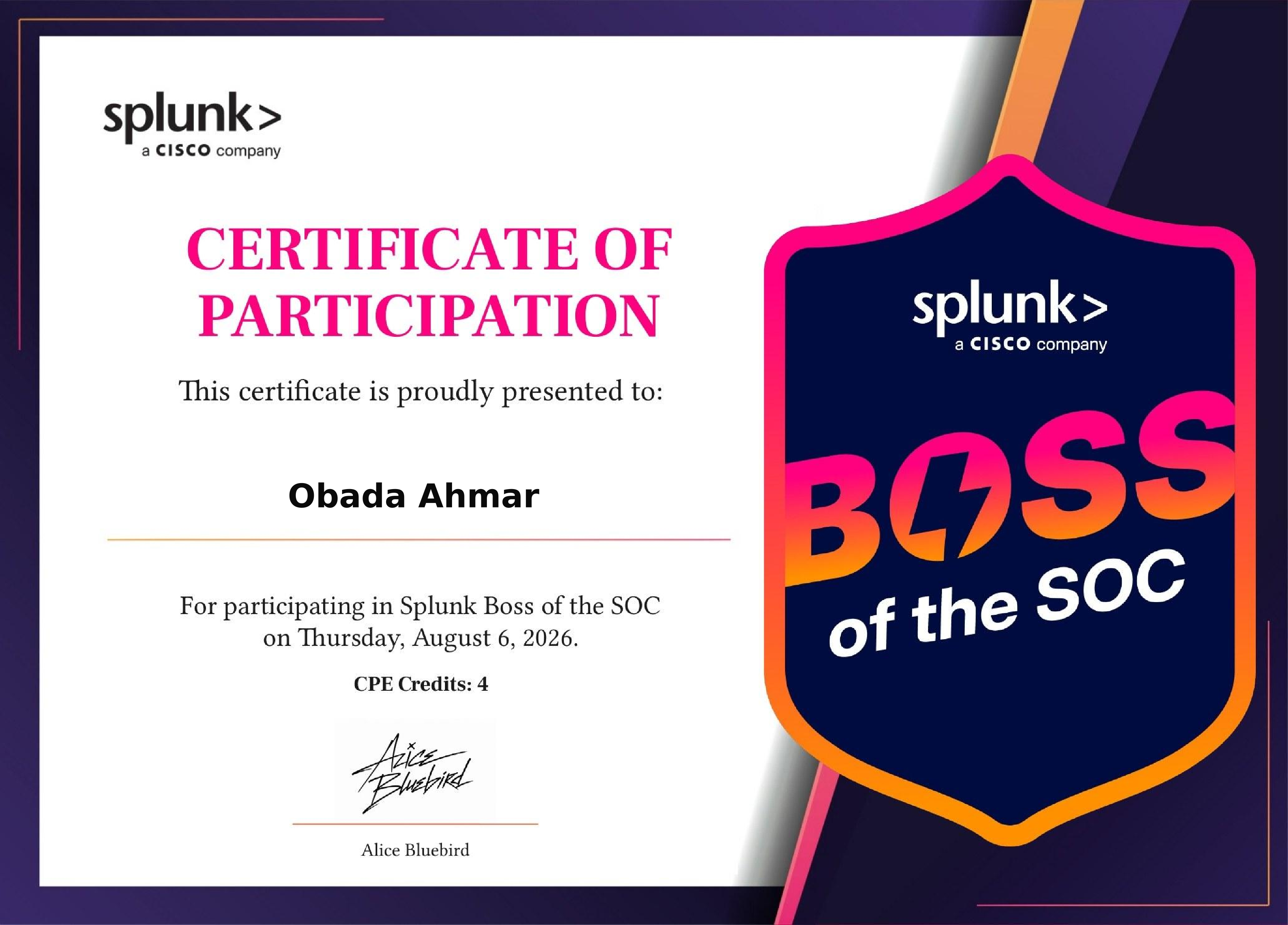 Splunk BOTS APJC 2026 Certificate